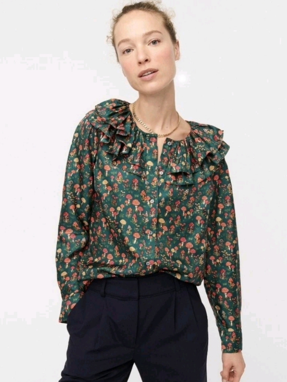 J Crew Collection Silk-twill Ruffle-collar Top Mushroom Floral Size XS